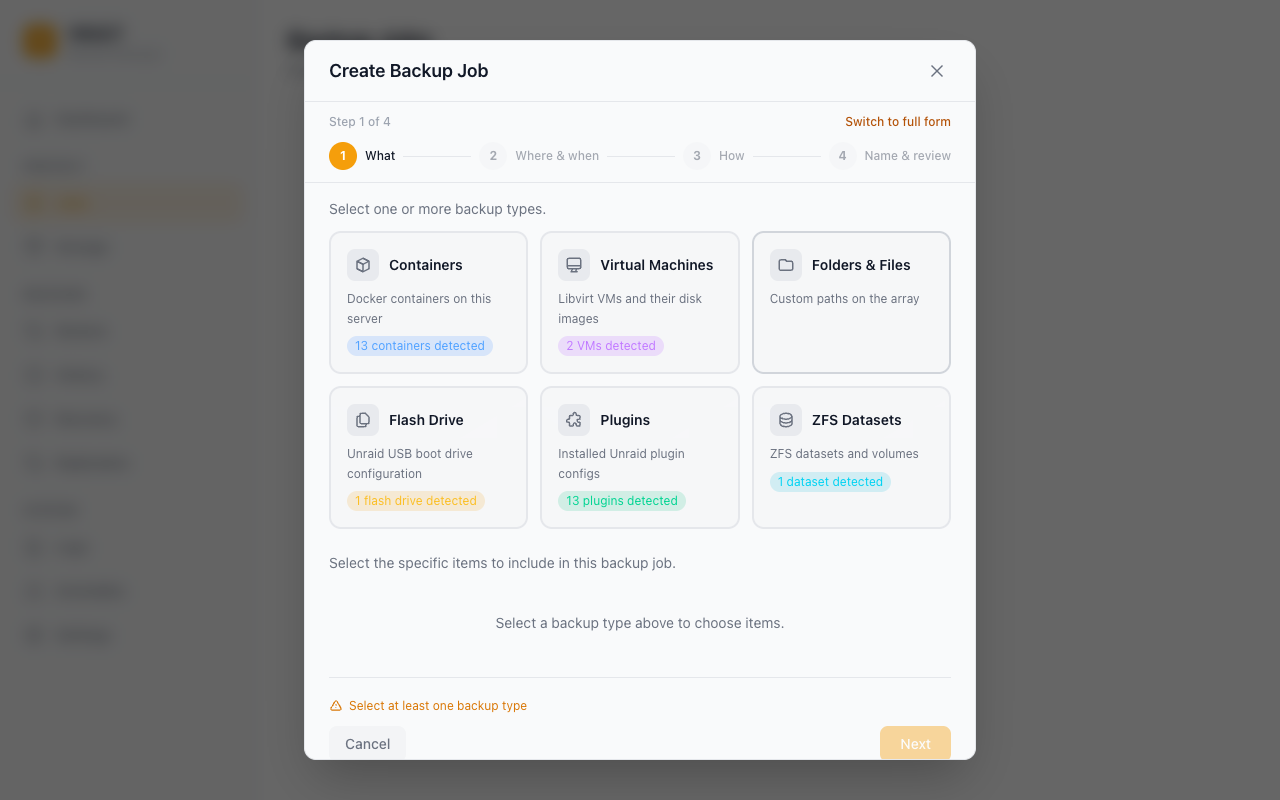 Create backup job wizard